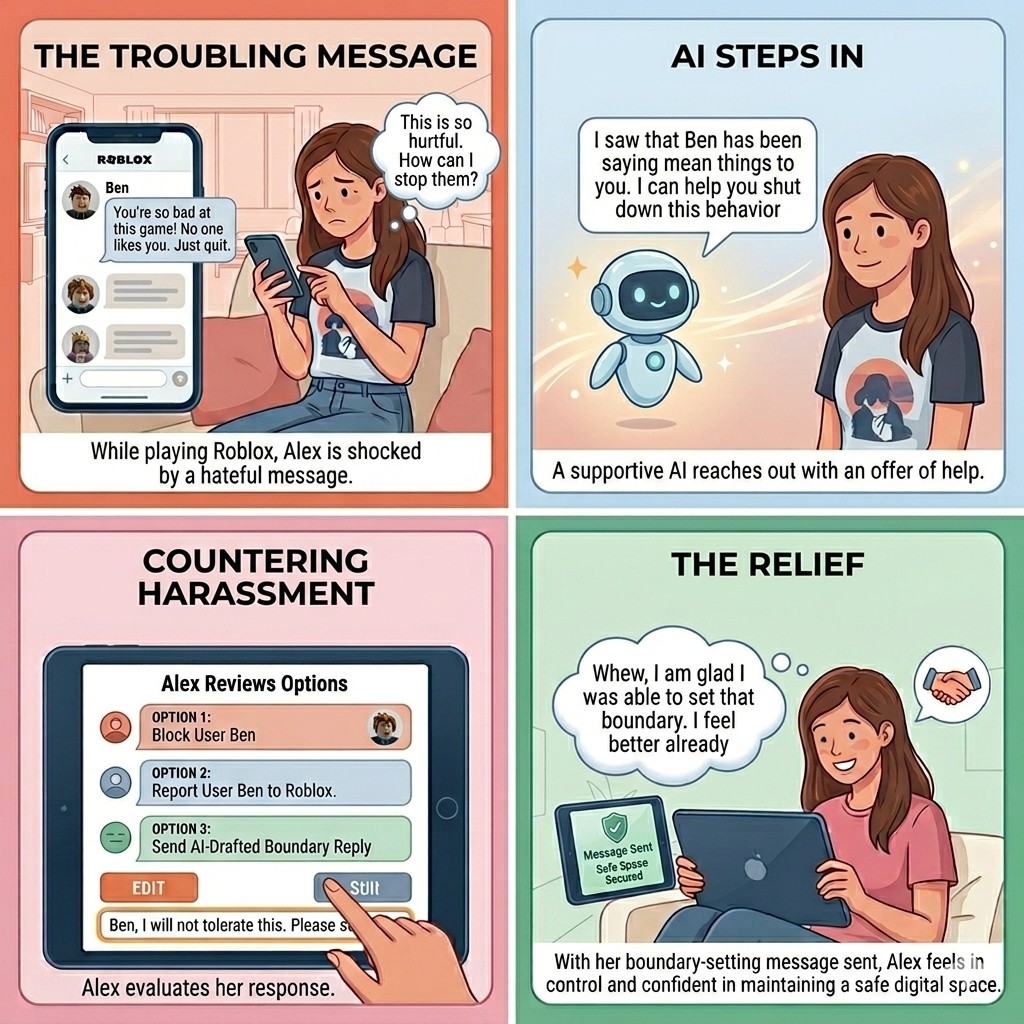 A four-scene storyboard following Alex from a hurtful message through AI-supported response to relief.